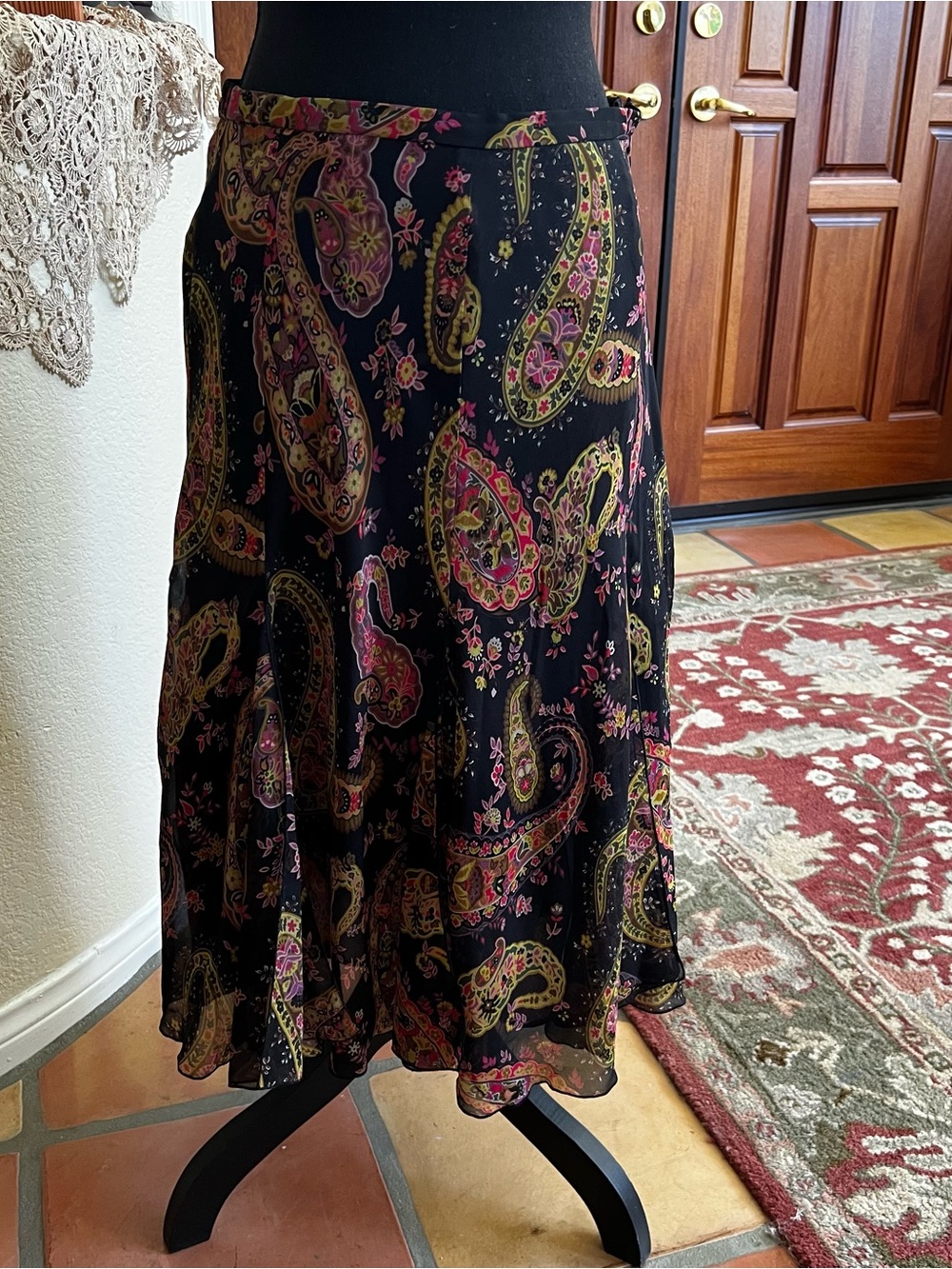 Dana Buchman Black Paisley Midi Skirt with Pink and Gold Accents
